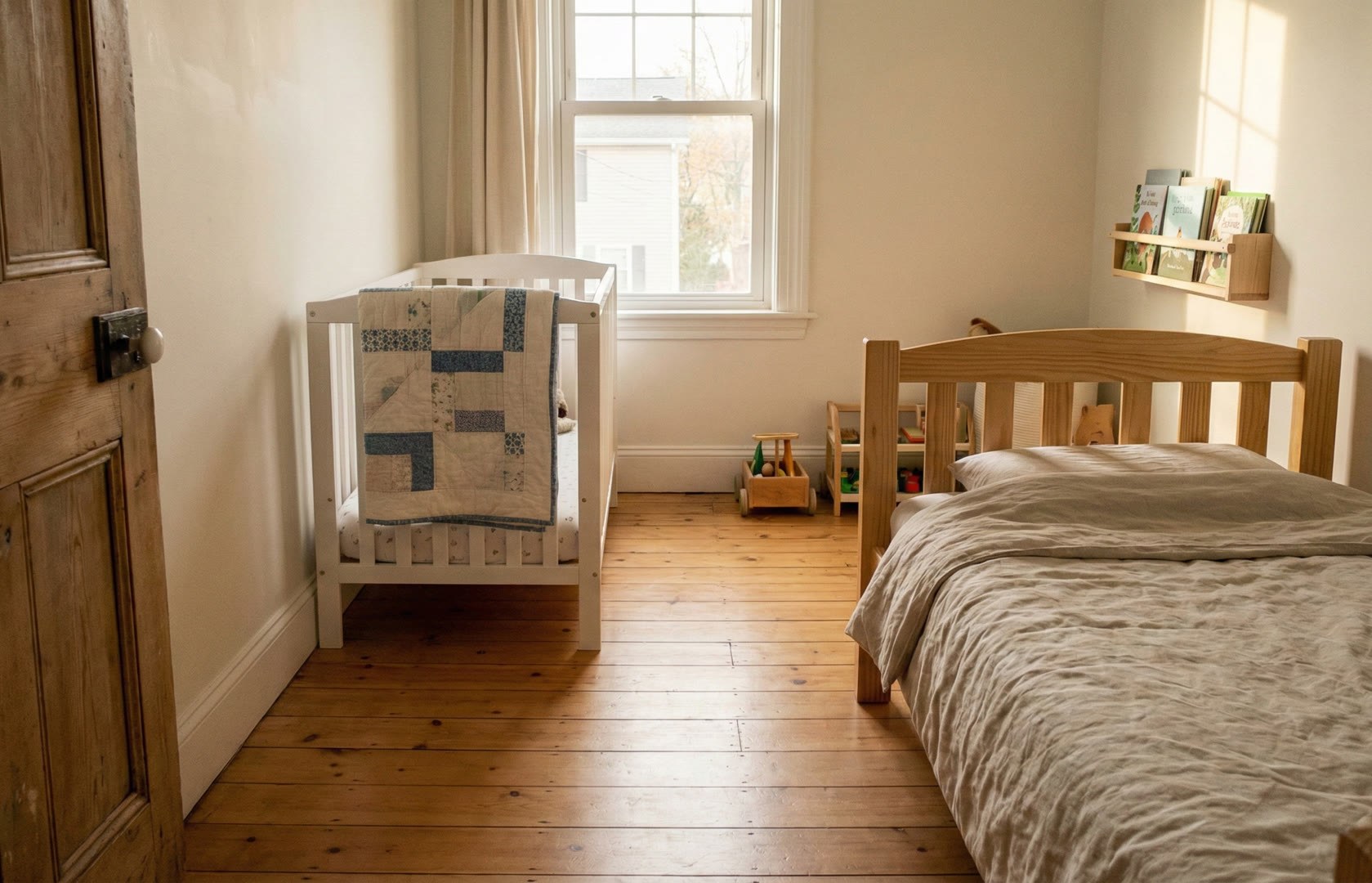 Drewniane łóżko wysuwane w pokoju dziecięcym, oszczędność miejsca w dzień i pełne spanie w nocy